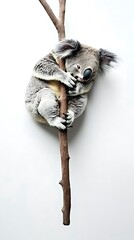 A baby koala clinging to a branch with its tiny paws, its fluffy grey fur and endearing face framed against a pure white background