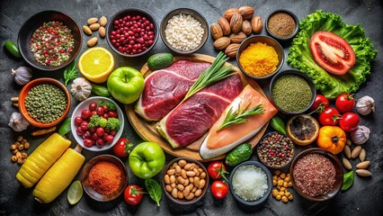 High-Protein Foods: Meat, Fruits, Vegetables & Grains Top View