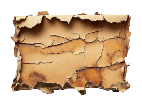 Artistic display of torn rugged brown cardboard piece studio space textural creative environment close-up viewpoint isolated on transparent background