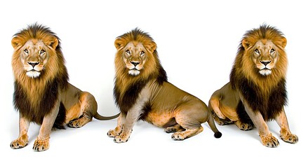 A calm and regal lion seated gracefully, its striking mane and intense eyes drawing focus against the white backdrop