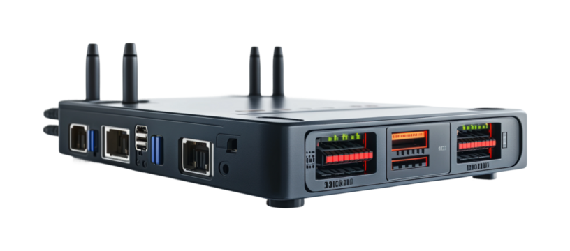 Advanced wireless router setup home office product minimalist close-up technology features for enhanced connectivity isolated on transparent background