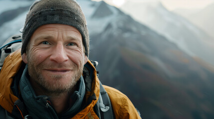 Naklejka premium Alpinista con la montaña de fondo posando a cámara sonriente.