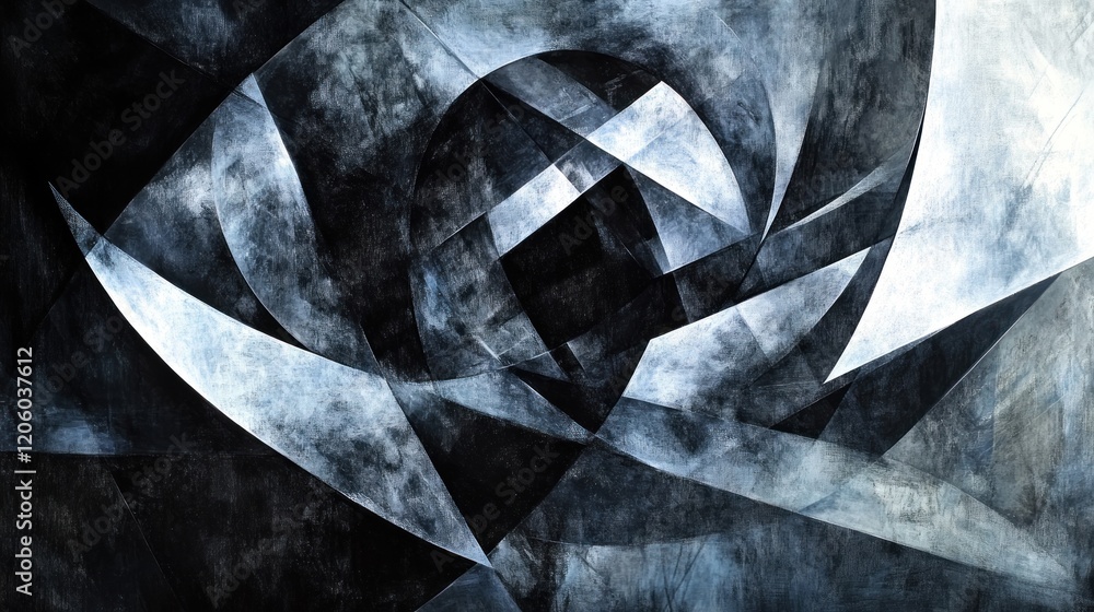 Poster geometric abstract shapes and sharp angles, layered and intertwined in a modern, high-contrast style