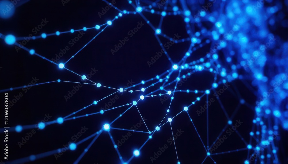 Poster abstract glowing network: interconnected blue nodes and lines on dark background