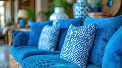 A cozy blue sofa adorned with patterned cushions, set in a stylish interior space.
