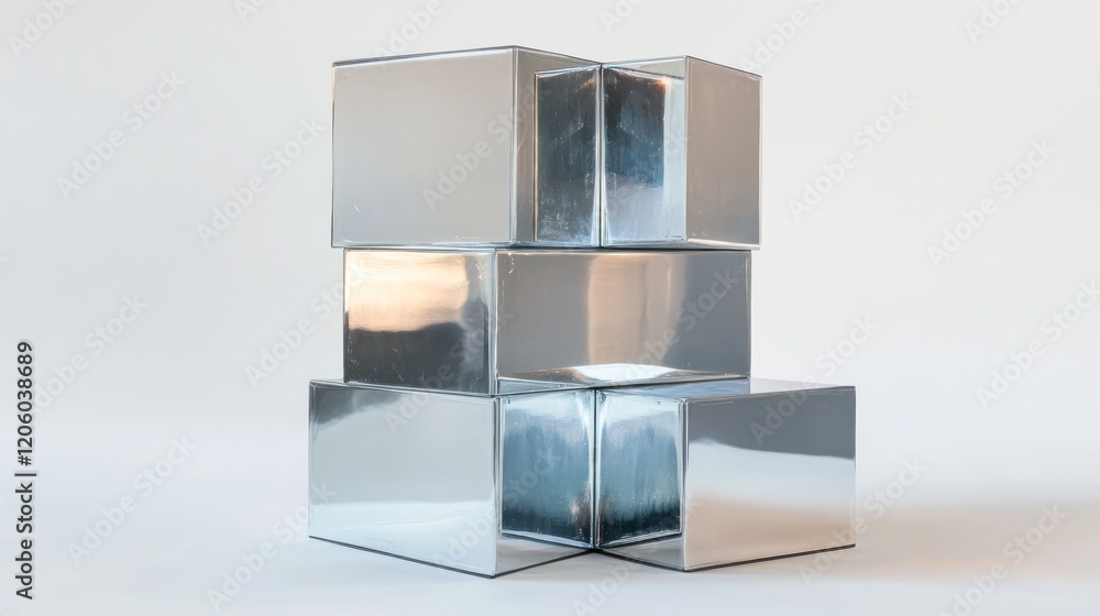 Poster geometric design of stacked cubes, with mirrored surfaces reflecting subtle colors and creating dept