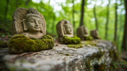 Fototapeta premium Weathered stone carvings, draped in moss, reveal ancient script and grace a secluded forest clearing. Soft diffused light enhances the serene atmosphere