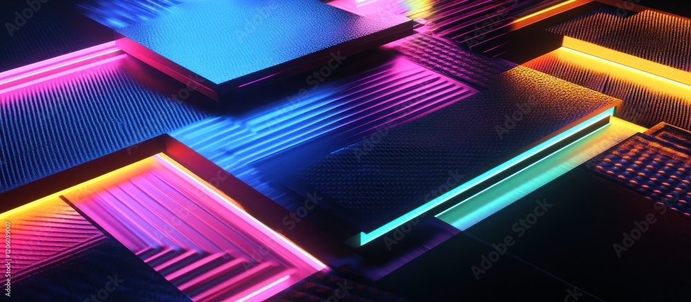 Poster abstract geometric design with intersecting diagonal lines and vibrant glowing neon colors
