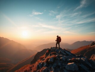 Fototapeta premium silhouette of a person on a mountain top at sunset