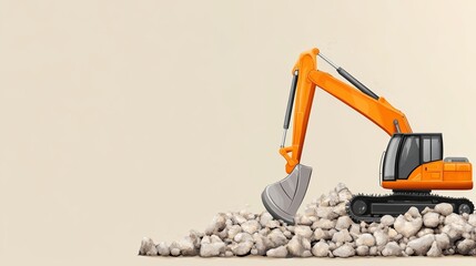 A cartoon-style excavator digging through a pile of rocks.