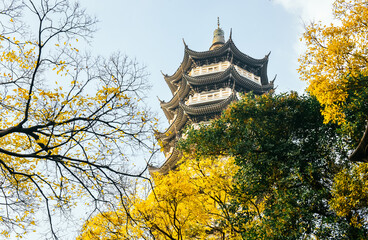 Fototapeta premium Winter scenery of Aozhu Tower scenic spot at Zhenhai Zhaobaoshan tourist area, Ningbo city, Zhejiang province, China 