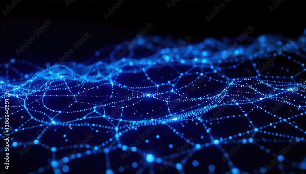 Poster abstract digital landscape of glowing blue particles and interconnected lines forming a network mesh