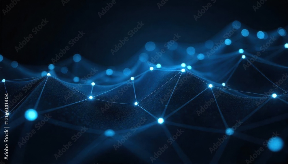 Poster abstract digital network: glowing blue nodes and lines forming a wavy pattern