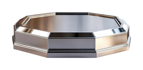 Showcase event octagonal metallic display platform modern gallery product presentation reflective environment elevated perspective isolated on transparent background