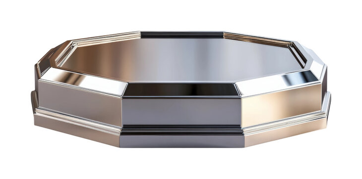 Showcase event octagonal metallic display platform modern gallery product presentation reflective environment elevated perspective isolated on transparent background