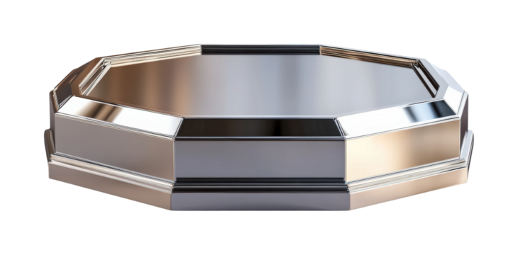 Showcase event octagonal metallic display platform modern gallery product presentation reflective environment elevated perspective isolated on transparent background