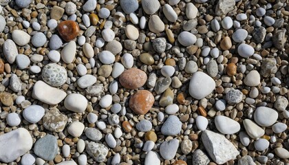  Vue de dessus de diverses cailloux et rochers &eacute;parpill&eacute;s sur un sol gravillonneux et terreux, pierres, motif, profusion, galets, roches, gravier