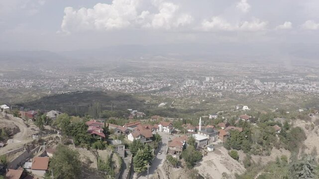 flyover of Skopje as seen from Vodno Mountain, showcasing the cityscape, landmarks, and natural surroundings