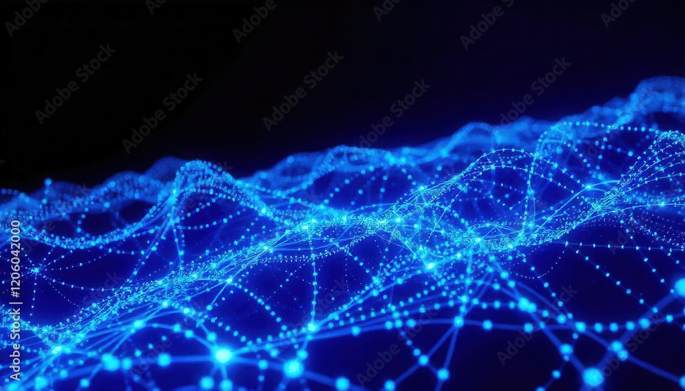 Poster abstract digital network landscape: glowing blue nodes and lines interconnected on dark background