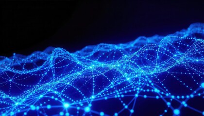 Abstract Digital Network Landscape: Glowing Blue Nodes and Lines Interconnected on Dark Background