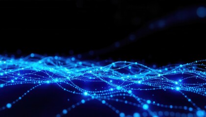 Obraz premium Abstract Blue Glowing Particle Waves on Black Background