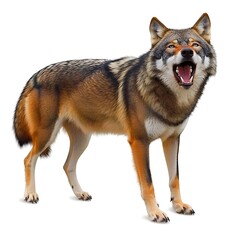 Fototapeta premium A fierce wolf howling with its mouth open, its muscular form captured in sharp detail against a blank white background