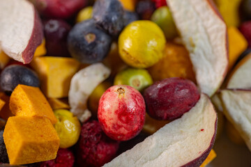 A vibrant mix of freeze-dried blueberries, physalis, cranberries, raspberries, apples, and pumpkin cubes. This colorful assortment showcases a variety of textures and natural colors, perfect for snack