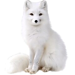 A fluffy arctic fox sitting calmly, its tail wrapped around its body, the pristine white background emphasizing its fluffy fur and tranquil expression