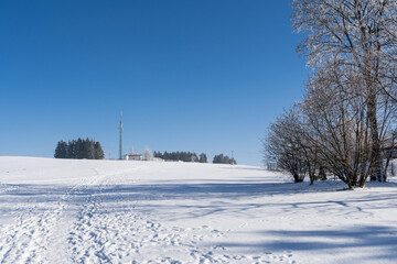Winter Path Leading to a Tower Through Frozen Snowy Landscape