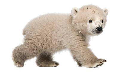 Fototapeta premium A fluffy polar bear cub walking playfully with its small paws forward, set against a pristine white backdrop