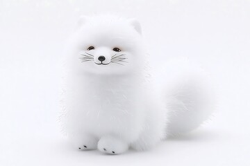 Obraz premium A fluffy white arctic fox sitting in a composed posture, its expression gentle and its fur fluffy against a stark white backdrop