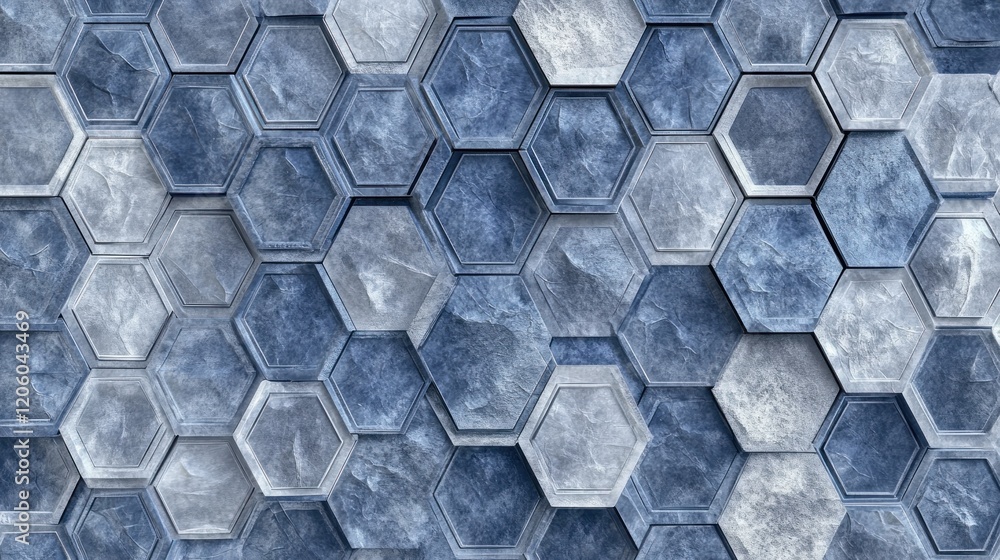 Poster geometric seamless pattern with hexagonal shapes in cool blue and grey tones creates a 3d textured e