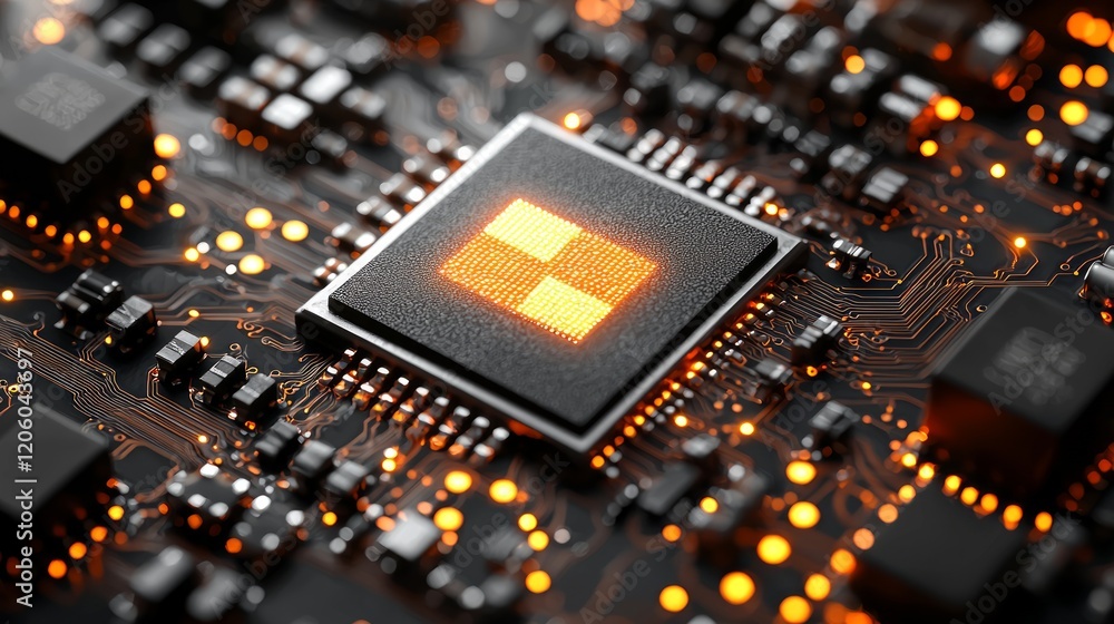 Aufkleber illuminated microchip circuit board close-up. tech innovation background