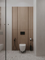 Modern, luxury wall hung toilet bowl, closed seat with dual flush, towel rail, bidet, tissue paper holder, white bathtub on granite tile floor in sunlight on beige wall background 3D