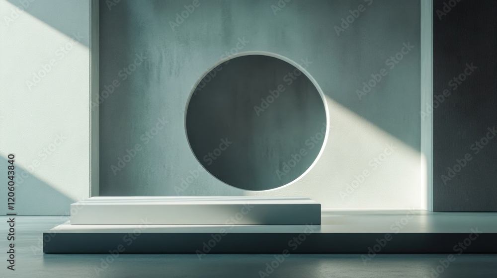 Poster geometric shape arrangement, playing with symmetry and asymmetry, smooth gradients transitioning int