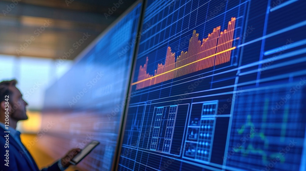 Poster a professional analyzing financial data on a digital screen, showcasing graphs and trends in a moder