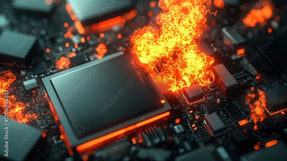 Poster a close-up of a circuit board featuring glowing orange flames erupting from a processor, symbolizing