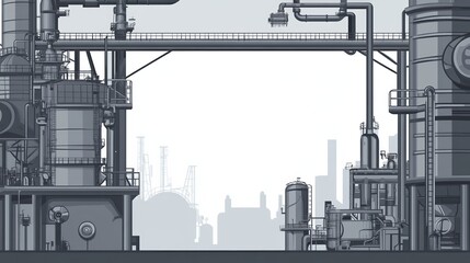 Industrial landscape featuring pipe, piping, tanks, and structures in a gray color scheme.