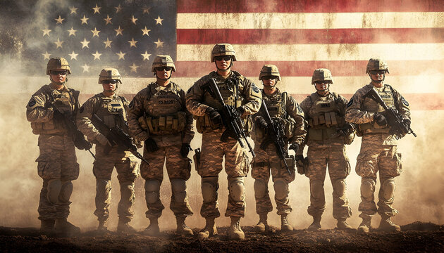 Powerful illustration of US Army soldiers standing together in front of the American flag AI Generated