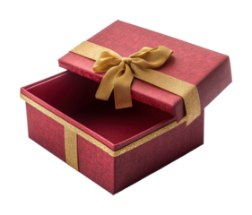 Festive action open red gift box with gold ribbon holiday celebration still life indoor close-up excitement and surprise isolated on transparent background
