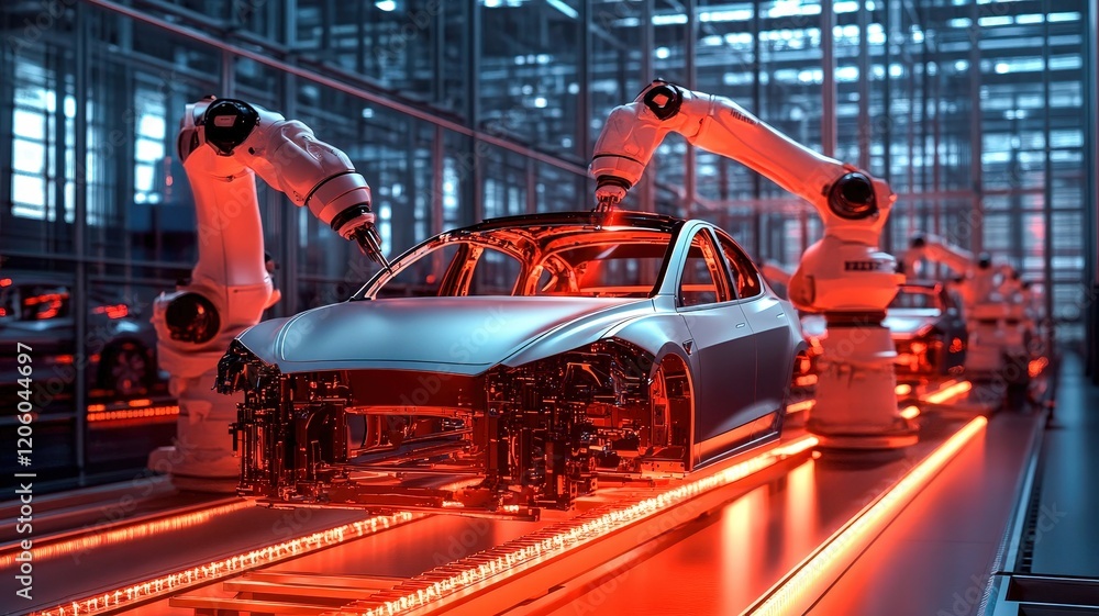 Poster a futuristic automated factory scene showing robotic arms assembling a sleek car, illuminated by str
