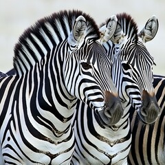 A herd of zebras walking side by side, each zebra's stripes unique, as they move gracefully across the white background