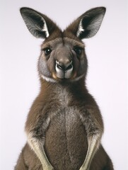 Fototapeta premium A kangaroo standing on its hind legs, alert and focused, with its powerful body framed by a simple white backdrop