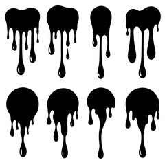 Current drops silhouette. Inks, paint, liquid, oil, molten circles set. Vector illustration 