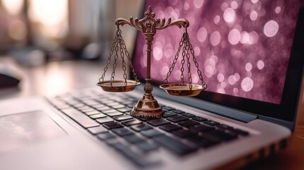 Justice, online legal, scales laptop, bokeh background, legal advice