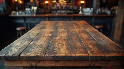 A rustic wooden table in a dimly lit bar setting, inviting for gatherings and conversations.