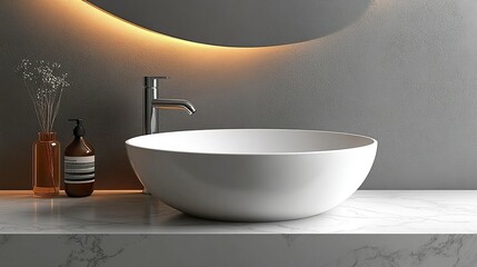 Modern bathroom sink on marble counter, backlit mirror, amber glow