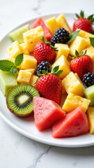 Fresh fruit salad on a plate, ready for a healthy breakfast or snack.