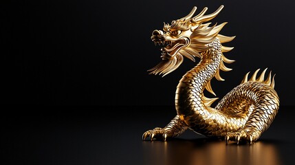 Golden dragon statue on black background.