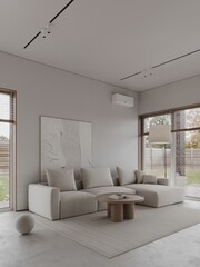 Minimalist living room featuring beige furniture, a small coffee table, a green plant in a pot, a floor lamp, and a cozy armchair. 3d render.